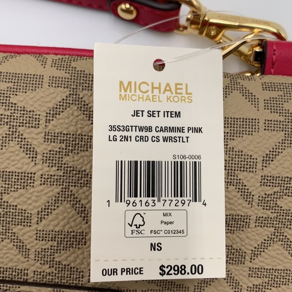 Michael Kors Jet Set LG 2 in 1 card case wristlet Wallet CARMINE PINK SIGNATURE - Picture 15 of 15